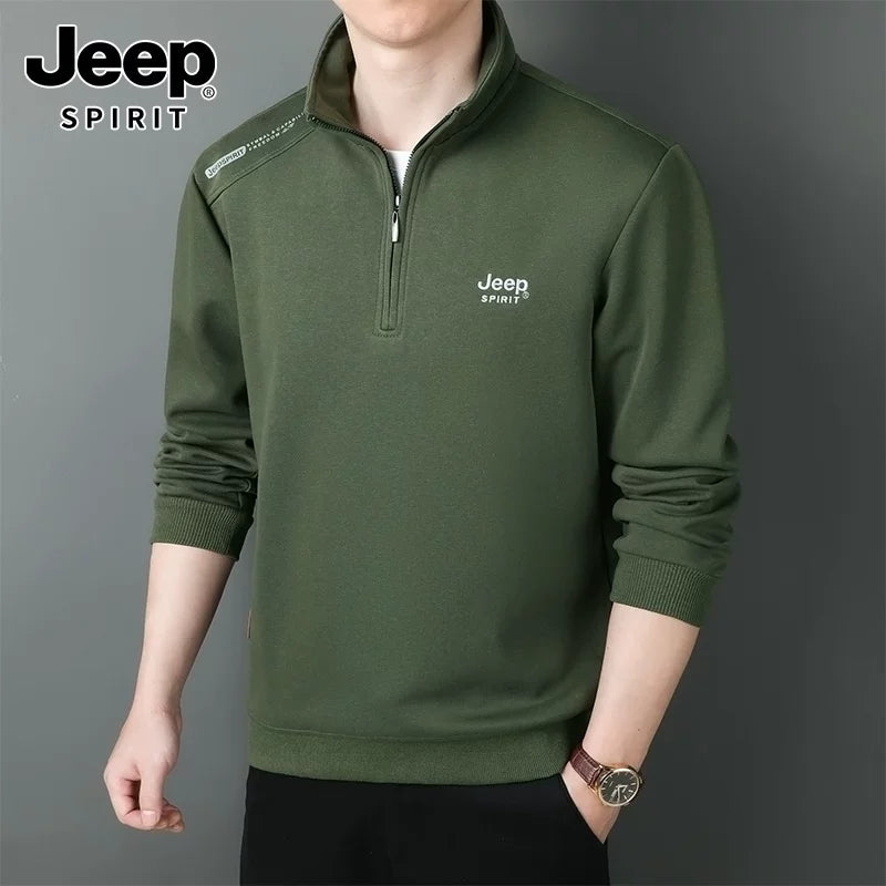 JEEP 2025 Payız Kişi Sviteri, Boş Forma, Dayaqlı Yaxalıq, Uzun Qol, Əsas Qat, Yarım Fermuarlı Top