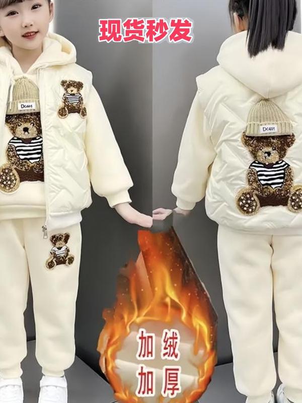 Koreya üslubunda qızlar üçün payız/qış üç hissəli dəst, dəbli, flis astarlı, qalınlaşdırılmış jilet və sviter, 2025-ci ilin yeni modeli.