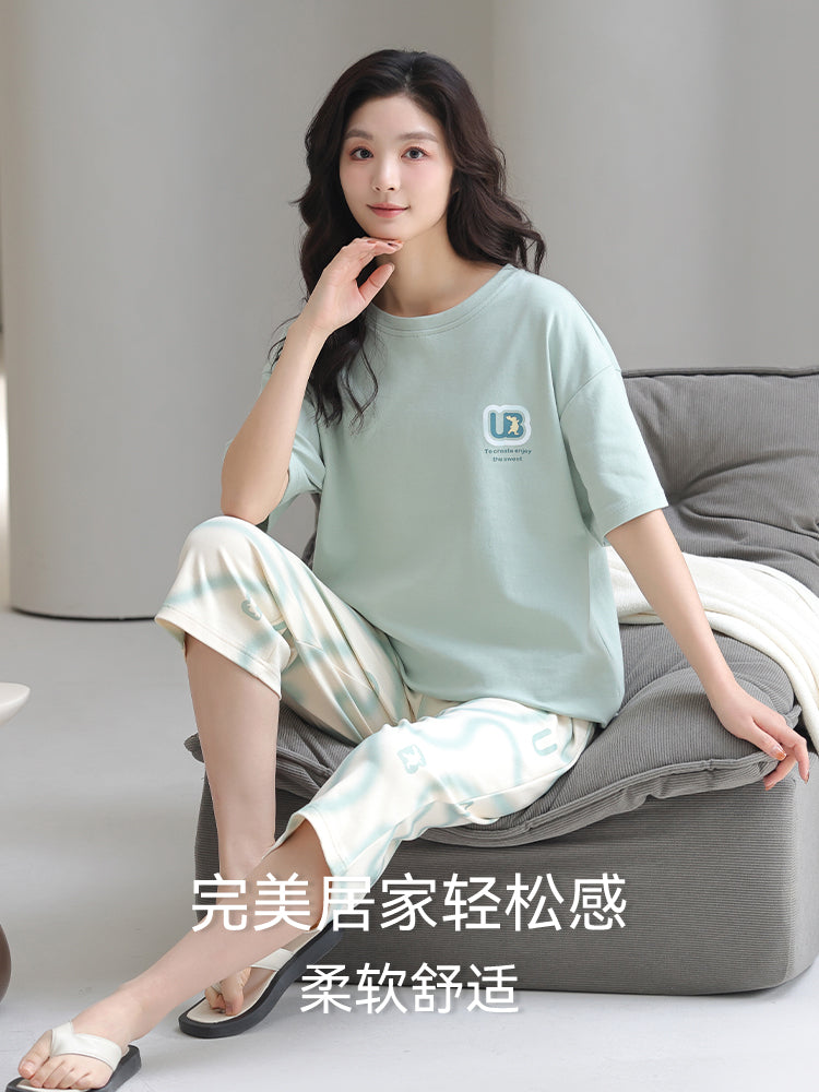 Catman Saf Pambıq Pijama Qadın Yay İncə 2026 Yeni Kəsilmiş Şalvar Qısaqol Qısa Qol Böyük Ölçülü Ev Geyimi Dəsti Kənarda Geyinilə bilər