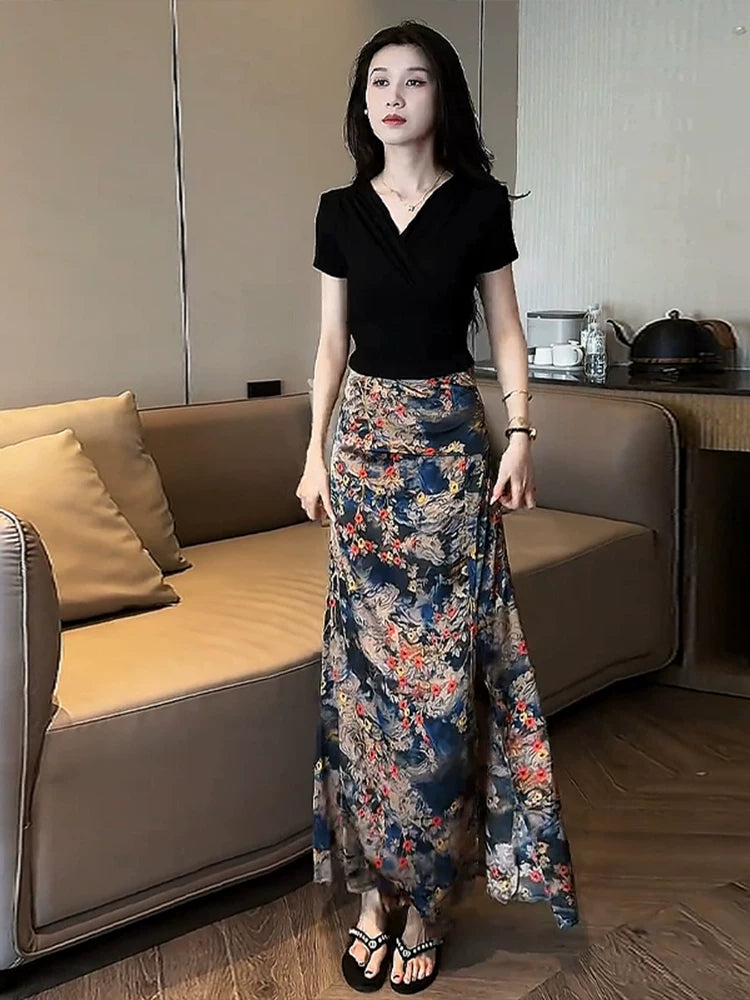 Qadınlar üçün yay moda temperament kostyum yubka 2026 yeni nazik qısaqol köynək yüksək bel yarıq yubka iki parça dəst