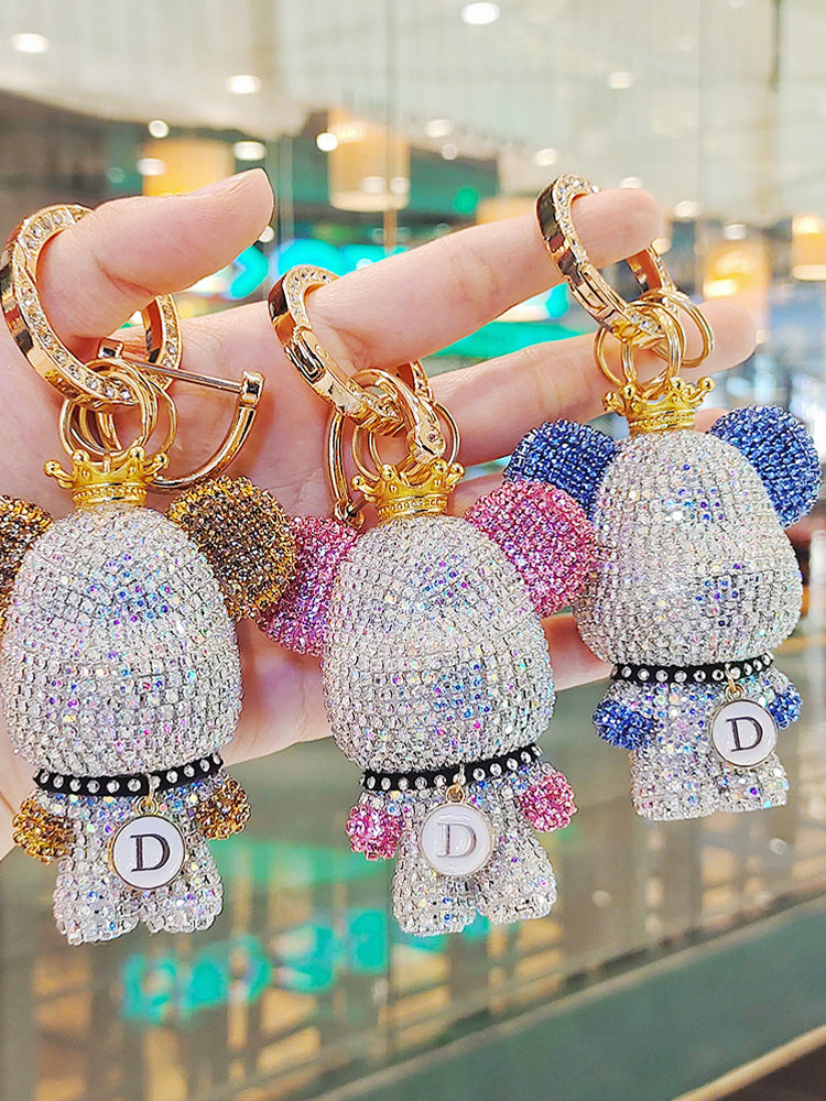 Cartoon full diamond bear-shaped car key chain, creative design, optional diamond-encrusted license plate pendant, anti-loss key chain gift.