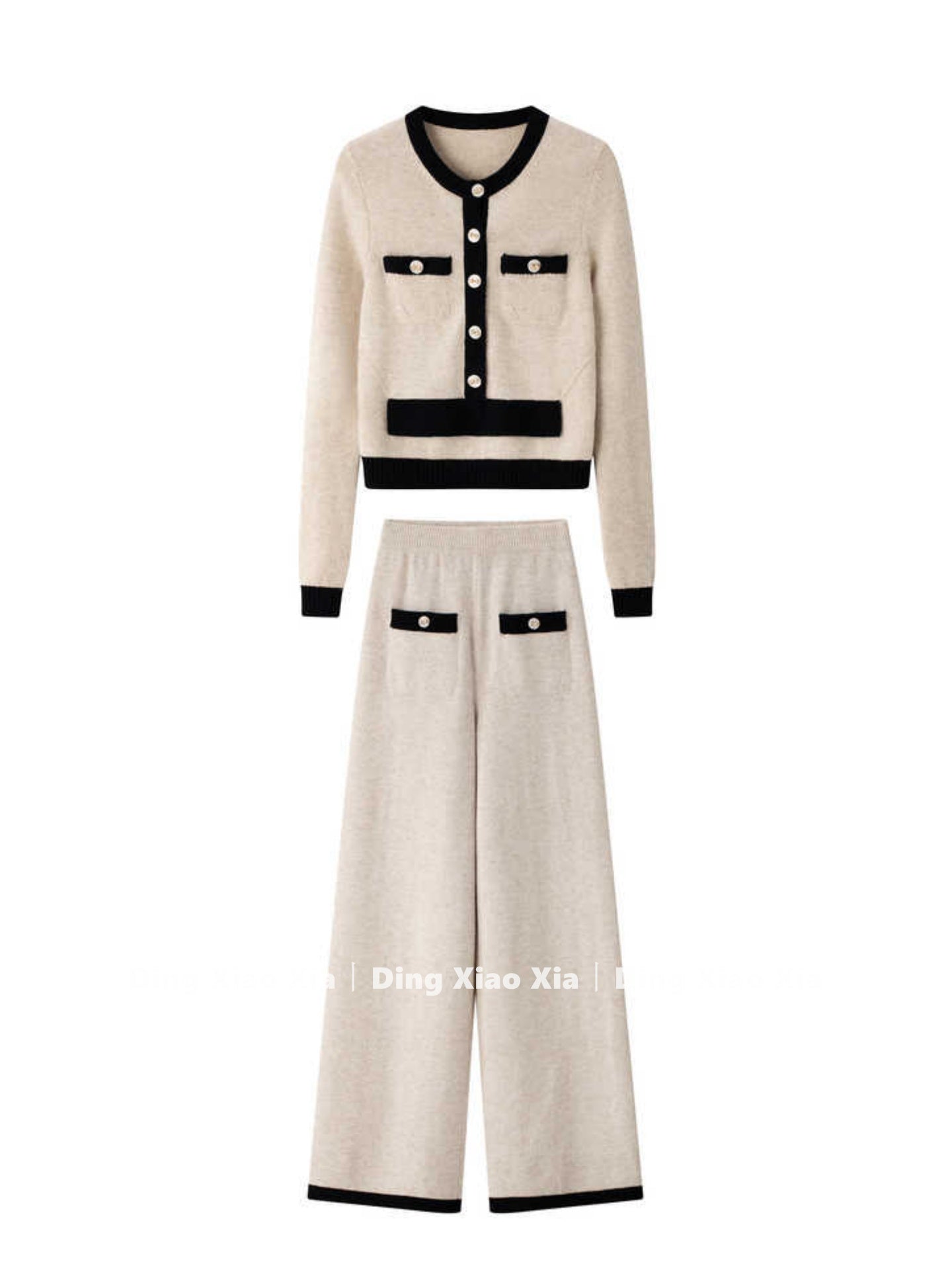 Chanel-dən ilhamlanmış rəngli dairəvi yaxalı toxunmuş hırka və yüksək belli düz ayaqlı gündəlik şalvarla birlikdə, fransız üslubunda varis qadından ilhamlanmış iki hissəli kostyum.