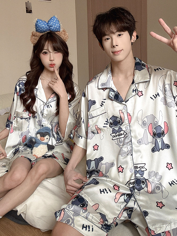 Cartoon Stitch cüt pijama qadınlar üçün yay nazik buz ipək qısaqol şort kişi yüksək səviyyəli ev geyimi dəsti