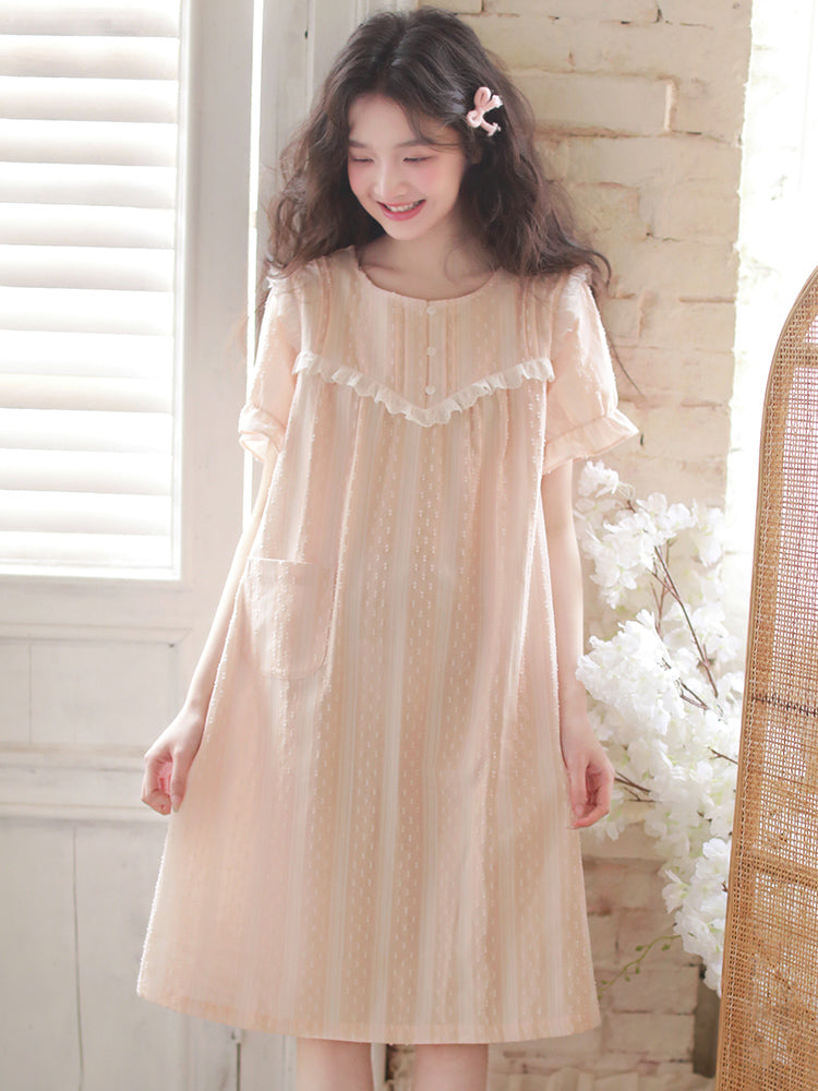 Qadınlar üçün gecəlik yay şahzadə üslubunda qısaqol 2026 yay yeni pijama təmiz pambıq doka şirin girly pambıq ev paltarı