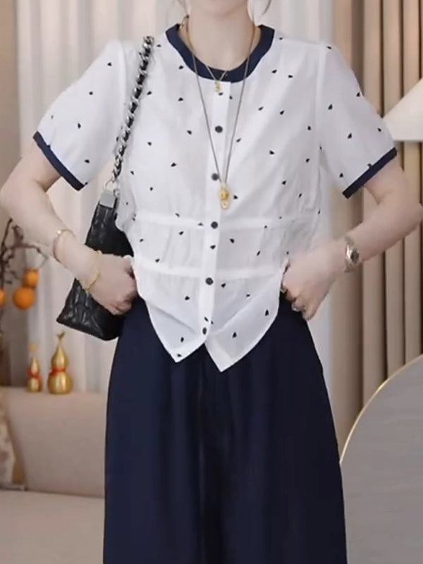 Böyük Ölçülü Qadın Geyimləri, 2026 Yay Yeni Stil, Dəbli, Zərif, Boş Formalı, Arıqladıcı Dəyirmi Yaxalı Qısa Qollu Köynək Topu