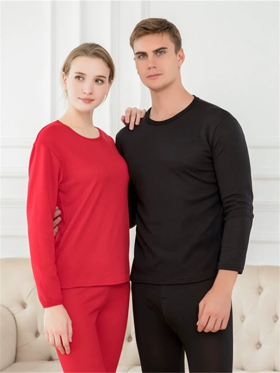 Kişilər üçün qış termal alt paltarı, qalınlaşmış flis astarlı termal alt paltarı, dairəvi yaxalı termal əsas təbəqəli pambıq alt köynək, qadın cütlük dəsti