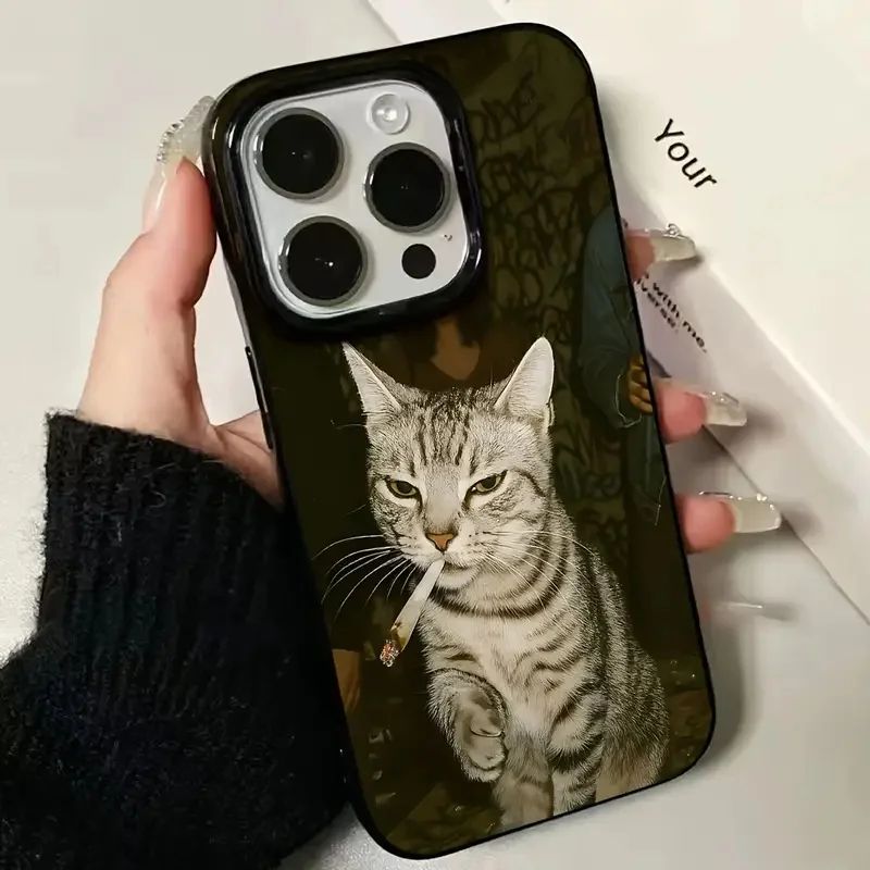 iPhone 17 A üçün şık pişik siqareti naxışlı qara rəngli telefon qabı