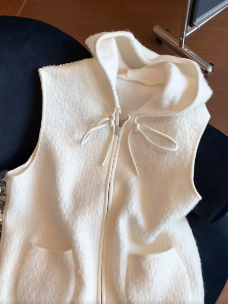 Shenzhen Nanyou yüksək səviyyəli butiki ~ Qadınlar üçün şık, gündəlik çox yönlü başlıqlı toxunmuş jilet, payız və qış qolsuz top