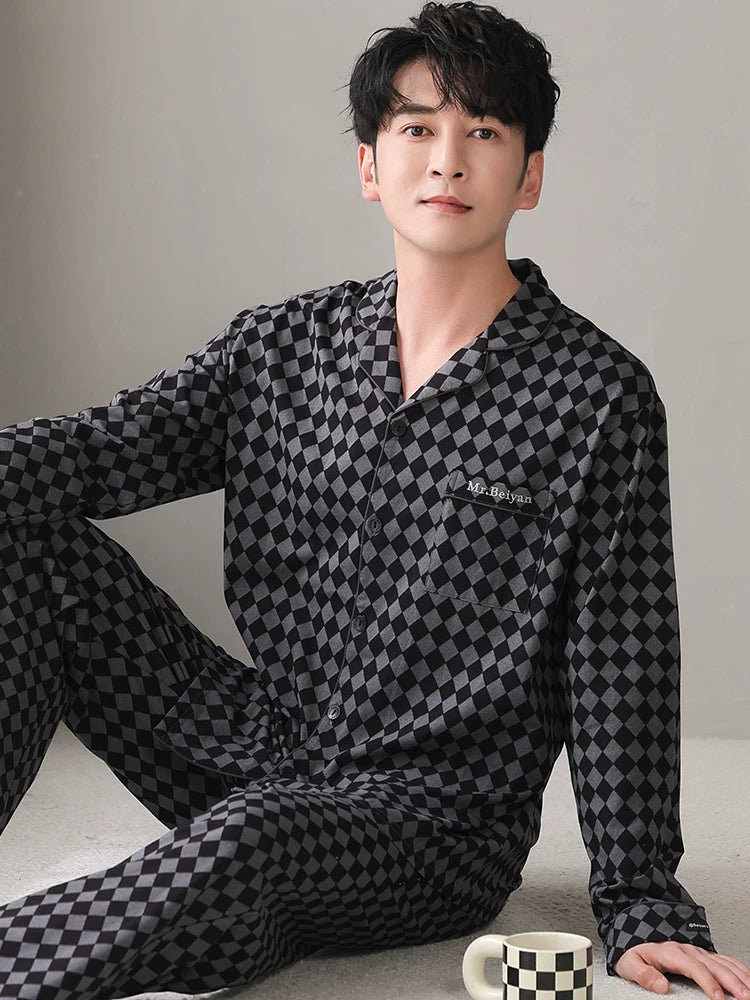 Langsha Kişilər üçün Təmiz Pambıq Pijama 2025 Yeni Yaz və Payız Nazik Uzunqollu Böyük Ölçülü Payız və Qış Kişilər üçün Ev Geyimləri Dəsti