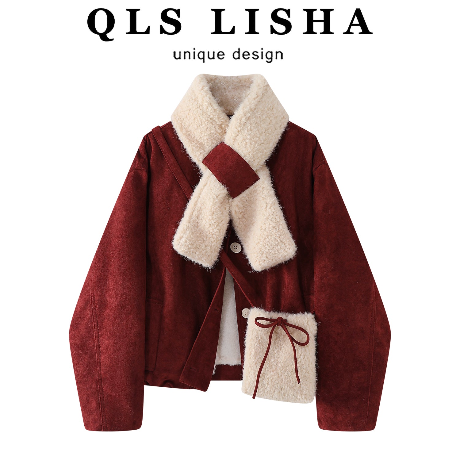 Cholisa Qalınlaşdırılmış Yun Astarlı Qırmızı Zamşa Gödəkçə, Koreya üslubunda, Super Gözəl Qış Qoyun Dərisi Pambıq Yastıqlı Palto