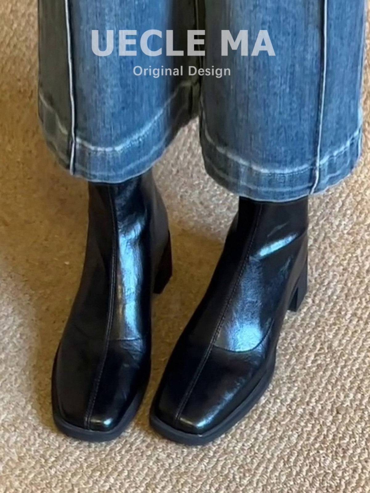 Qadınlar üçün dəri hündürdaban çəkmələr, 2025 payız/qış yeni dəbi, kvadrat burunlu Martin çəkmələri, kiçik fransız üslubunda qalın dabanlı nazik çəkmələr.