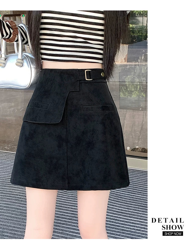 Böyük ölçülü qadınlar üçün Amerika üslubunda qeyri-müntəzəm iş geyimi bodycon mini ətək, payız və qış, Merard qəhvəyi zamşa A-xəttli ətək