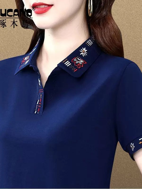 Ağacdələn orijinal təmiz pambıq naxışlı POLO köynək qısaqol qadın 2026 yeni moda temperamentli nazik köynək qadınlar üçün
