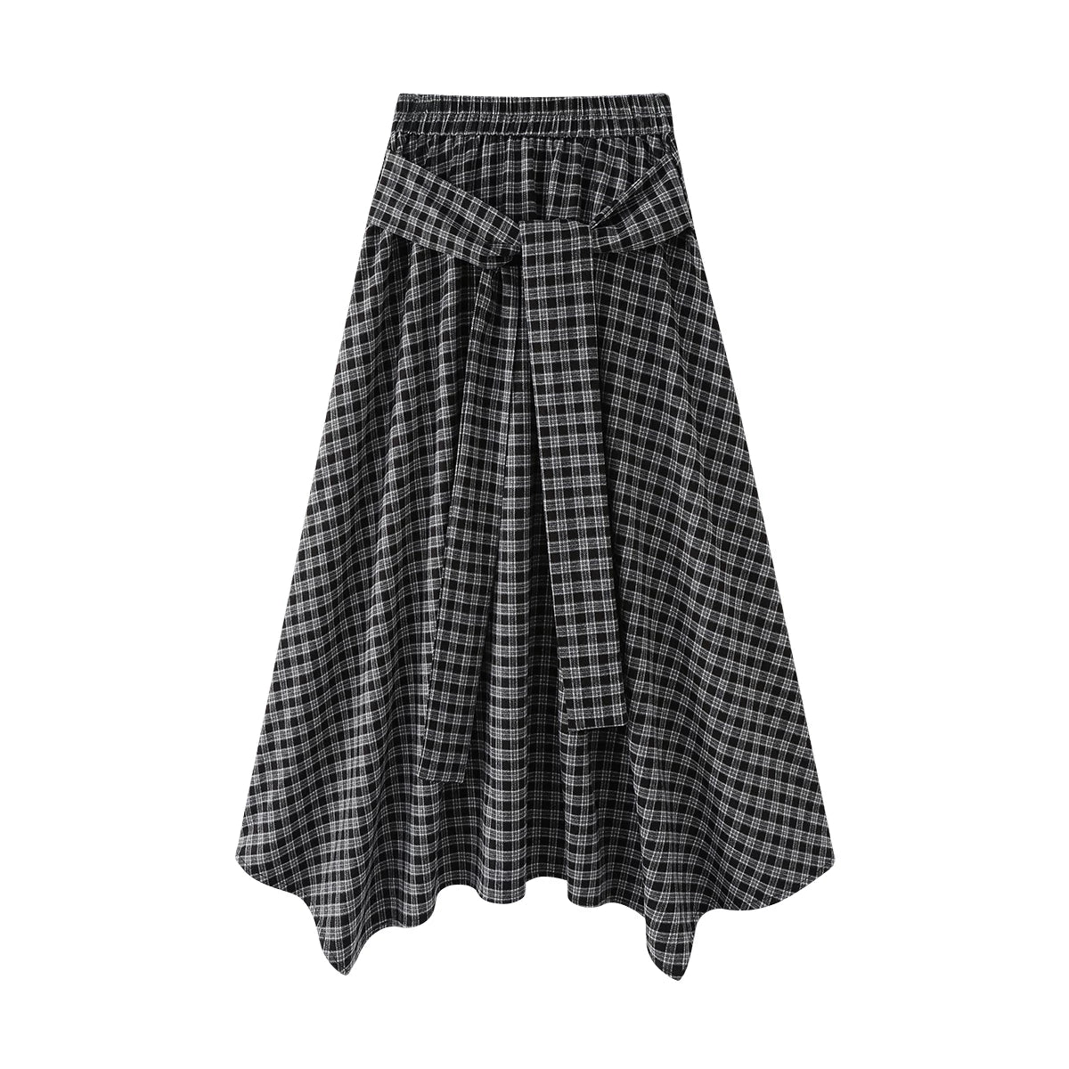 Cholisa-nın qeyri-müntəzəm retro dama-dama ətəyi, payız üçün mükəmməl olan, yüksək belli, axan A-xəttli ətəkdir.