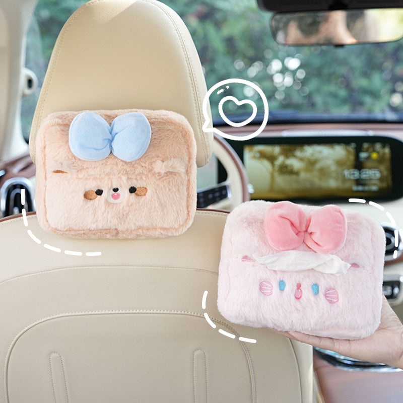 Plush cartoon car tissue box, multifunctional car armrest box tissue box, cute hanging tissue storage box