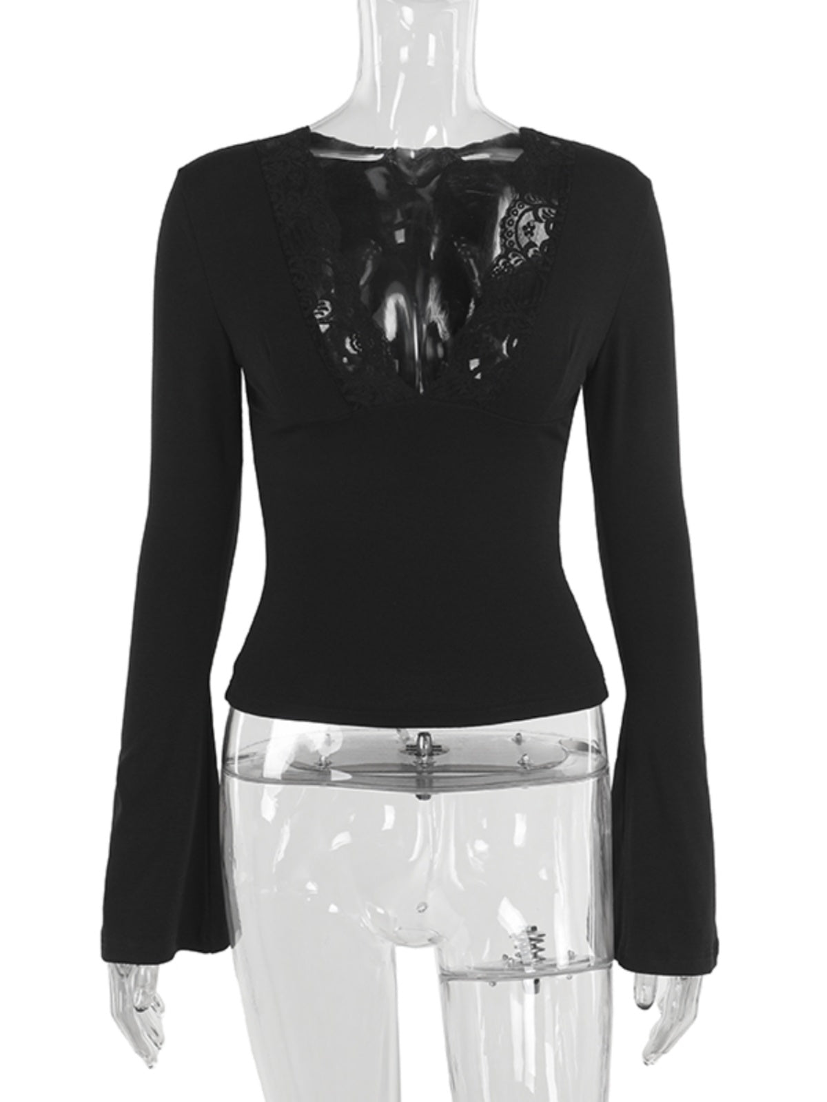 Möhtəşəm, seksual Avropa və Amerika üslubunda, qadınlar üçün krujeva V-yaxalı futbolka, 2025-ci ilin yeni üslubu, belini sıxan uzunqol köynək.