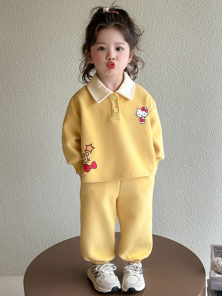 Annakids Koreya dəbli uşaq geyimləri brendi qızlar üçün payız və qış üçün yun astarlı idman kostyumu dəsti, iki ədəd polo yaxalıqlı sviter də daxil olmaqla.