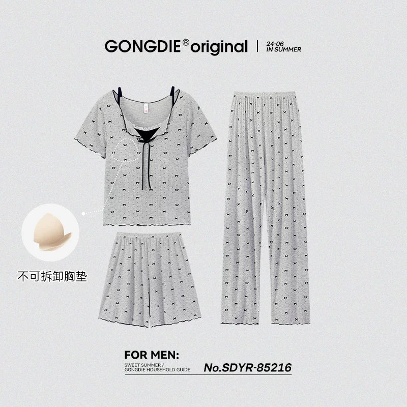 Gongdie [3 parça dəst] pijama qadın qısaqol şalvar sinə yastığı krujevalı sevimli yay ev geyimi dəsti yay