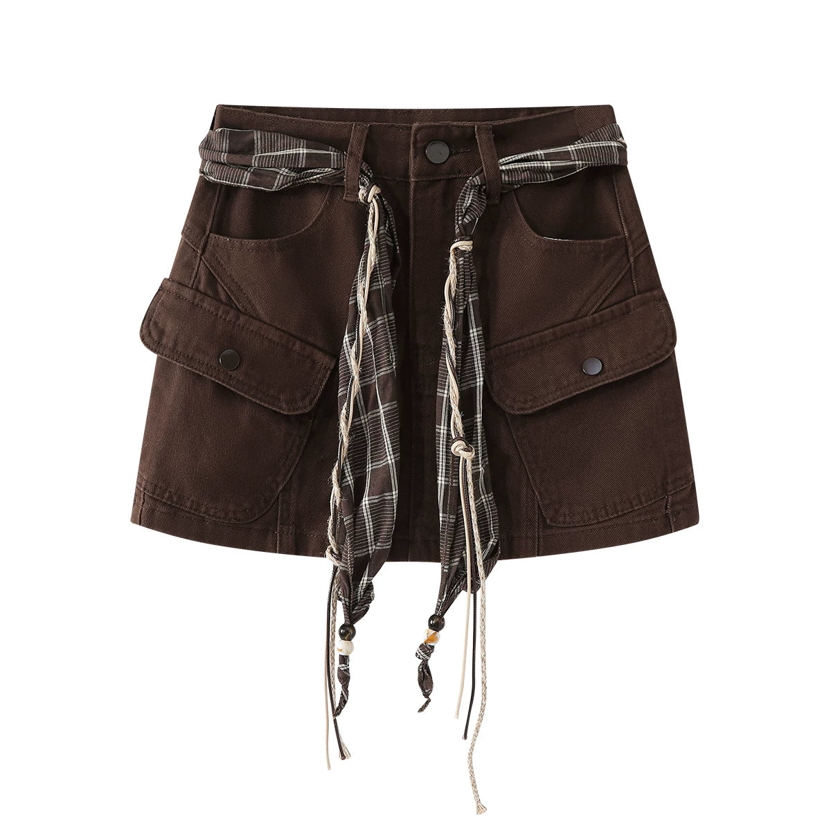 Chorissa Amerika üslubunda qadınlar üçün denim yük ətəyi, 2026 yaz və payız yeni dəbi, xaki rəngli yüksək belli çoxfunksiyalı bədənə uyğun mini ətək