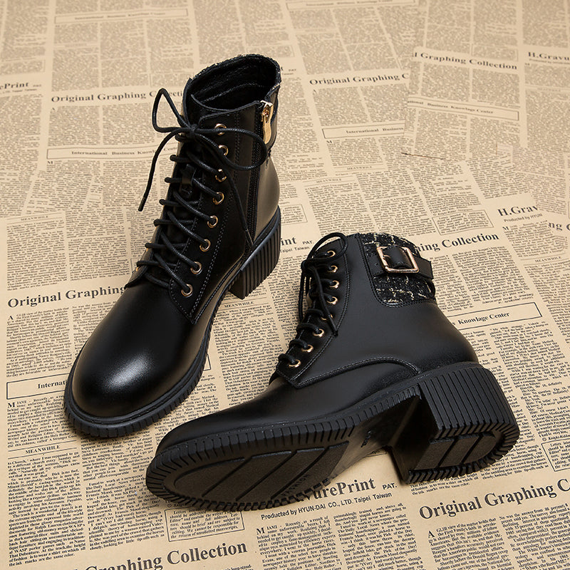 Dəri versiyası ~ Chanel üslubunda qadınlar üçün ayaq biləyi çəkmələri, super populyar hündürdaban qış, incə və şirin, sərin Martin çəkmələri.