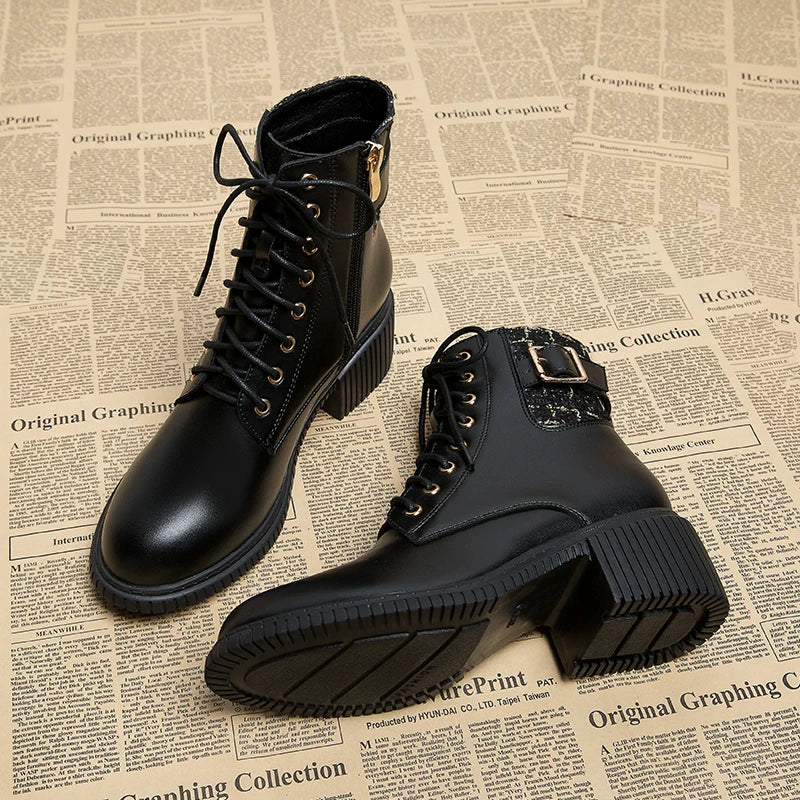 Dəri versiyası ~ Chanel üslubunda qadınlar üçün ayaq biləyi çəkmələri, super populyar hündürdaban qış, incə və şirin, sərin Martin çəkmələri.