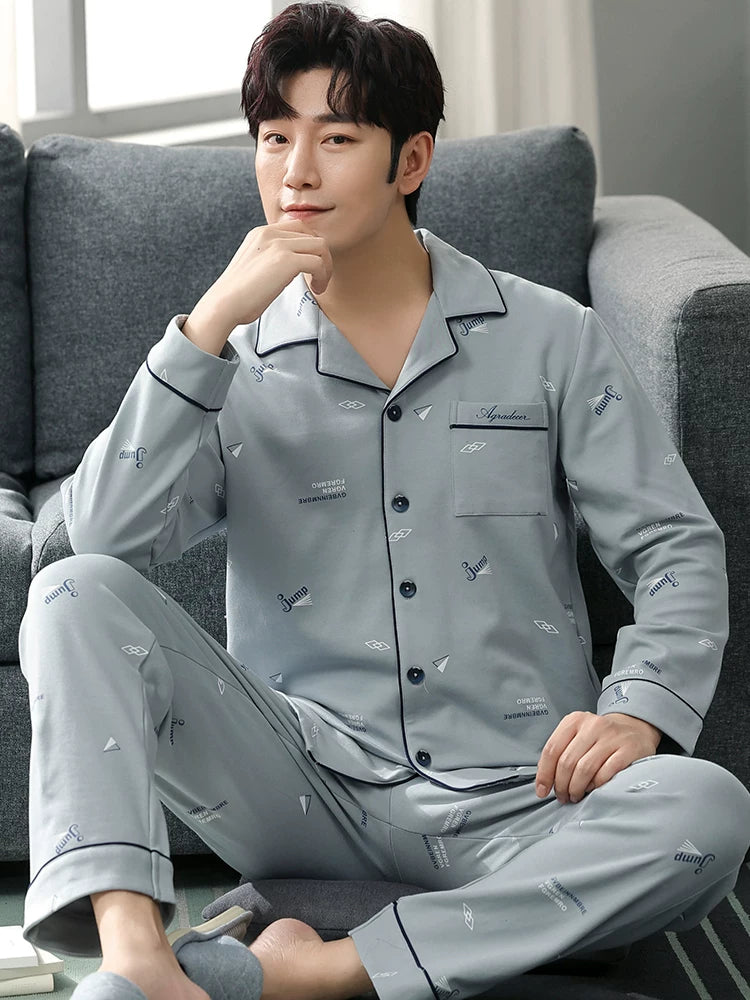 Langsha Kişilər üçün Təmiz Pambıq Pijama 2025 Yeni Yaz və Payız Nazik Uzunqollu Böyük Ölçülü Payız və Qış Kişilər üçün Ev Geyimləri Dəsti