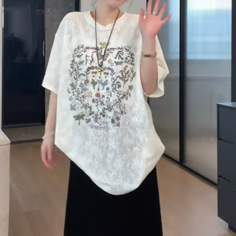 Qadınlar üçün qalın printli qısaqol futbolka, 2026-cı il yayı, böyük ölçüdə, geniş formada, arıqladıcı, yeni və çoxfunksiyalı köynək.