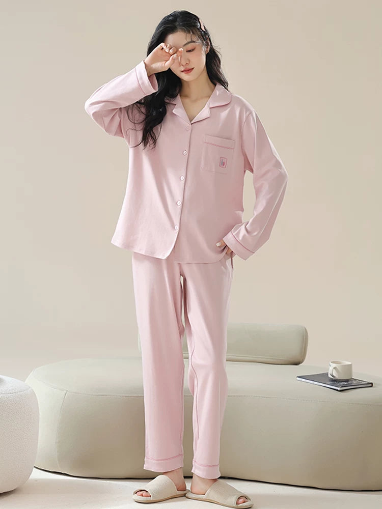 Qadınlar üçün təmiz pambıq pijama yaz və payız 2026 yeni 100% pambıq qadın ev geyimi kostyumu uzunqollu yayda çöldə geyilə bilər