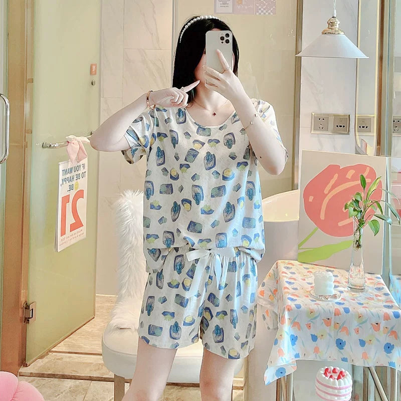 Qısaqol şort, qadın üçün pambıq ipək pijama, yay şirin kondisionerli ev paltarı, cizgi filmi qızları çöldə geyinmək olar, tələbə pambıq ipək kostyumlar