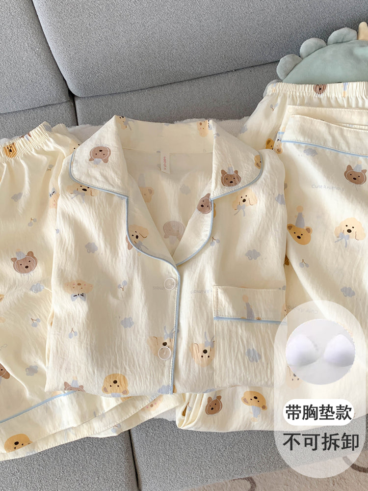 Döş yastıqları ilə pambıq doka pijama, qadın qısaqol şalvar, yay üç parçalı dəst, şirin bala hırka, ev geyimi, yay