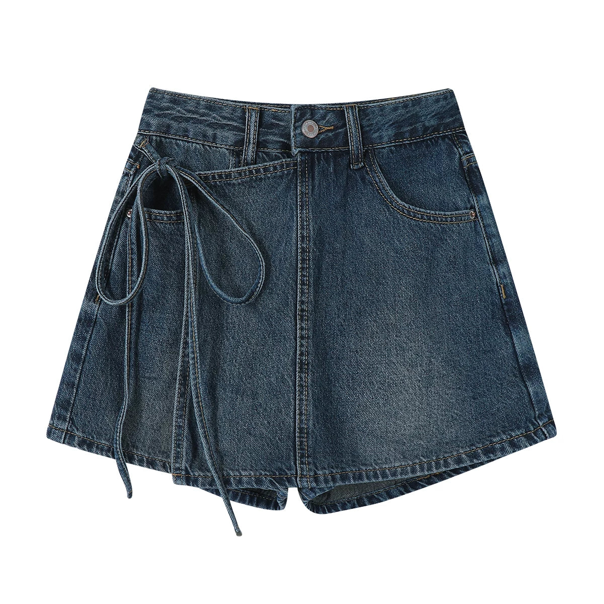 Chorissa Amerika üslubunda, yüksək belli, geniş ayaqlı, açıq rəngli denim şort, yeni yay dizaynı, arıqladıcı və ombaya yapışan stil.