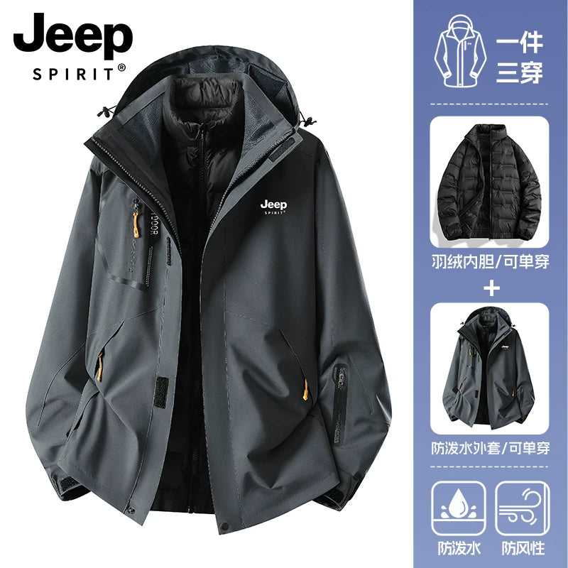 JEEP Kişilər üçün 2025-ci il Yeni Model Yaz, Payız və Qış Üçlü Birdə Yun Astarlı Qalın Kişi Üst Geyimləri