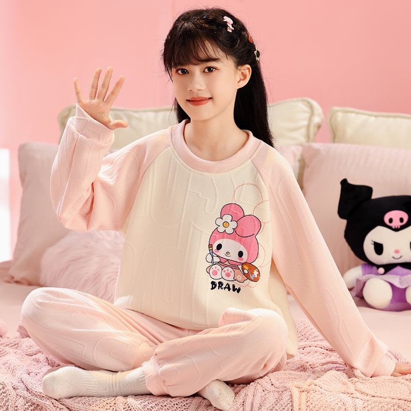 My Melody Qızları üçün Təmiz Pambıq Ev Geyimi, Payız və Qış, Böyük Uşaqlar üçün Üç Qatlı Yorğanlı Qalın İsti Pijamalar, Şirin Dəst