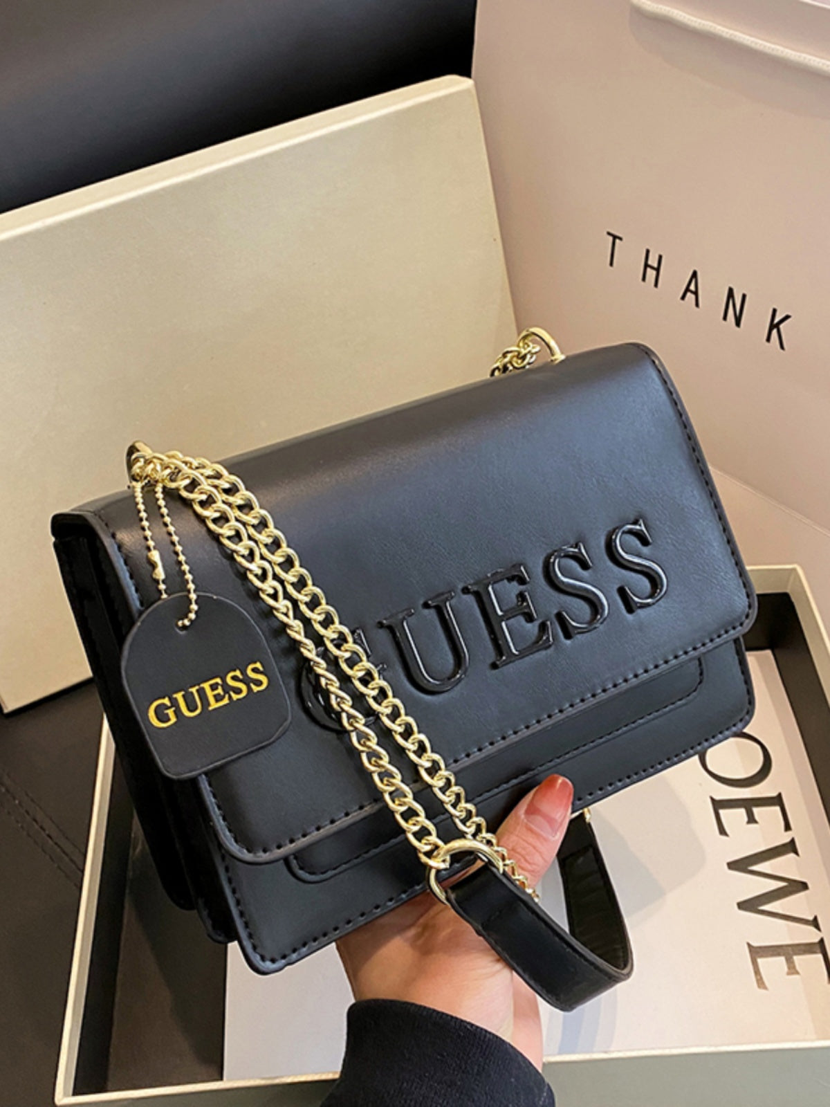 This year's trending bags: new high-end, light-colored luxury letter print shoulder bag for 2025, small square bag with black chain crossbody.