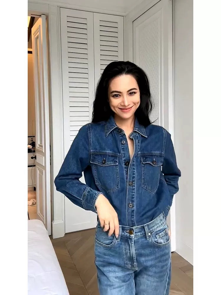 2025 Payız Mövsümü Yeni Qadınlar üçün Amerika Retro Rahat Təsadüfi Stil Tənbəl Dizaynlı Denim Köynək