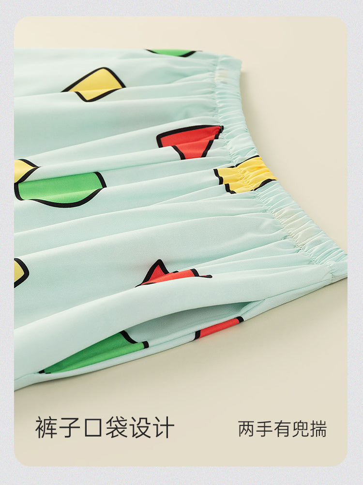 Gongdie [3 parça dəst] Crayon Shin-chan cüt pijama kişi və qadınlar üçün qısaqol yay şalvar, eyni tərzdə qoz pambıq ev paltarı