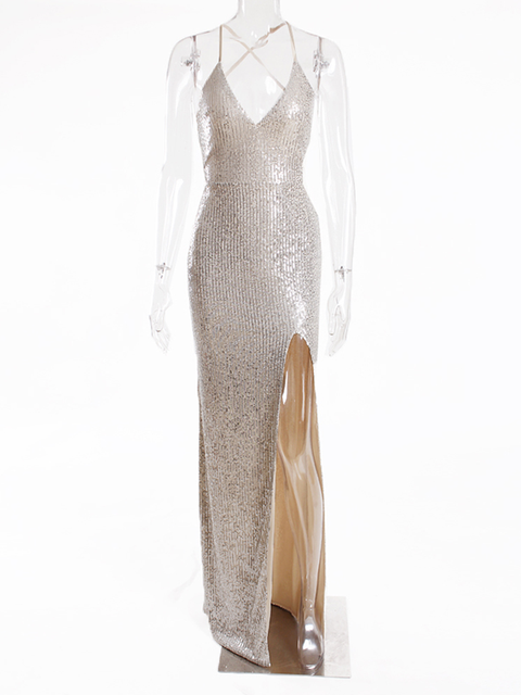 Seksual V Yaxalıq Bağcıqlı Payetli Kokteyl Əyləncə Donu Arxasız S