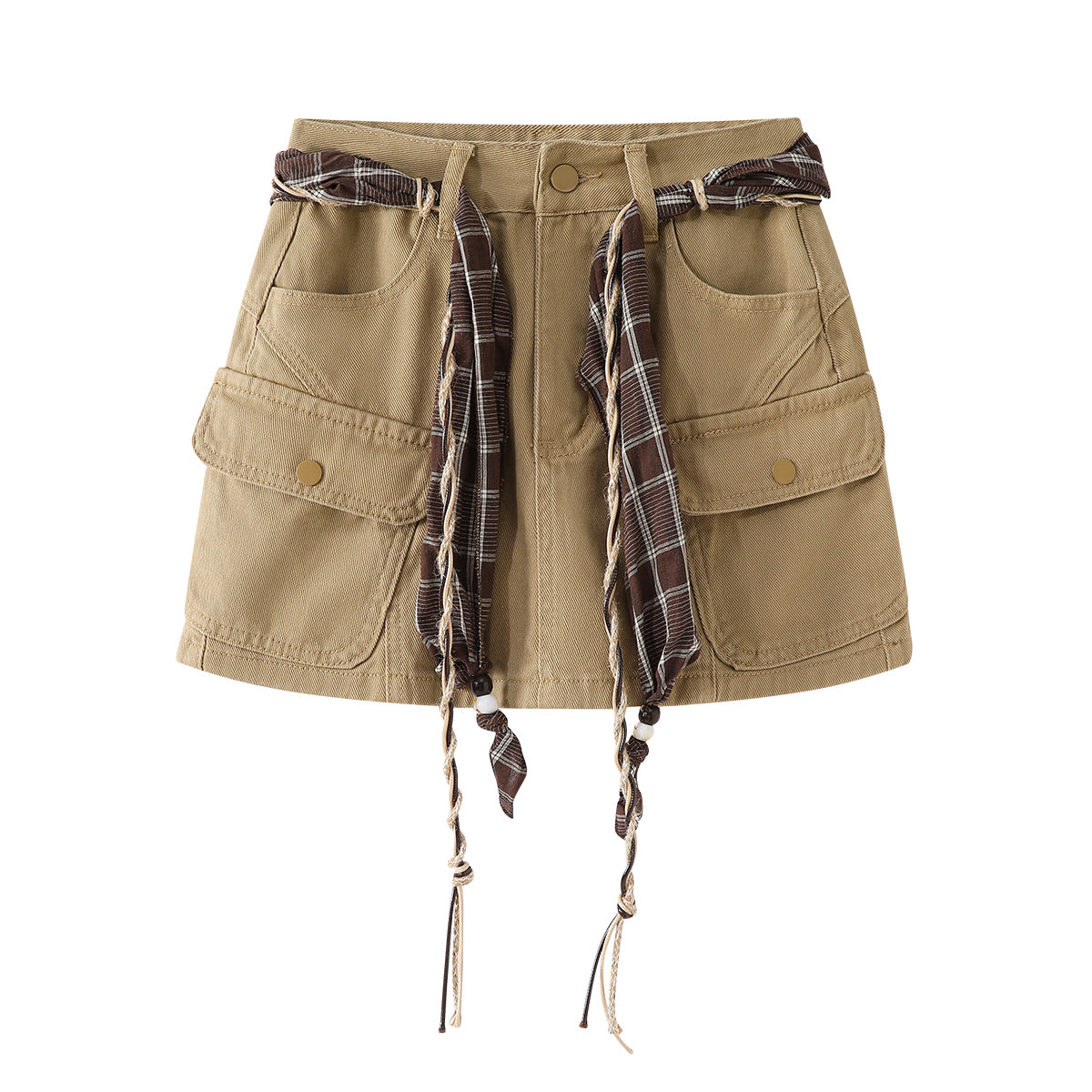 Chorissa Amerika üslubunda qadınlar üçün denim yük ətəyi, 2026 yaz və payız yeni dəbi, xaki rəngli yüksək belli çoxfunksiyalı bədənə uyğun mini ətək