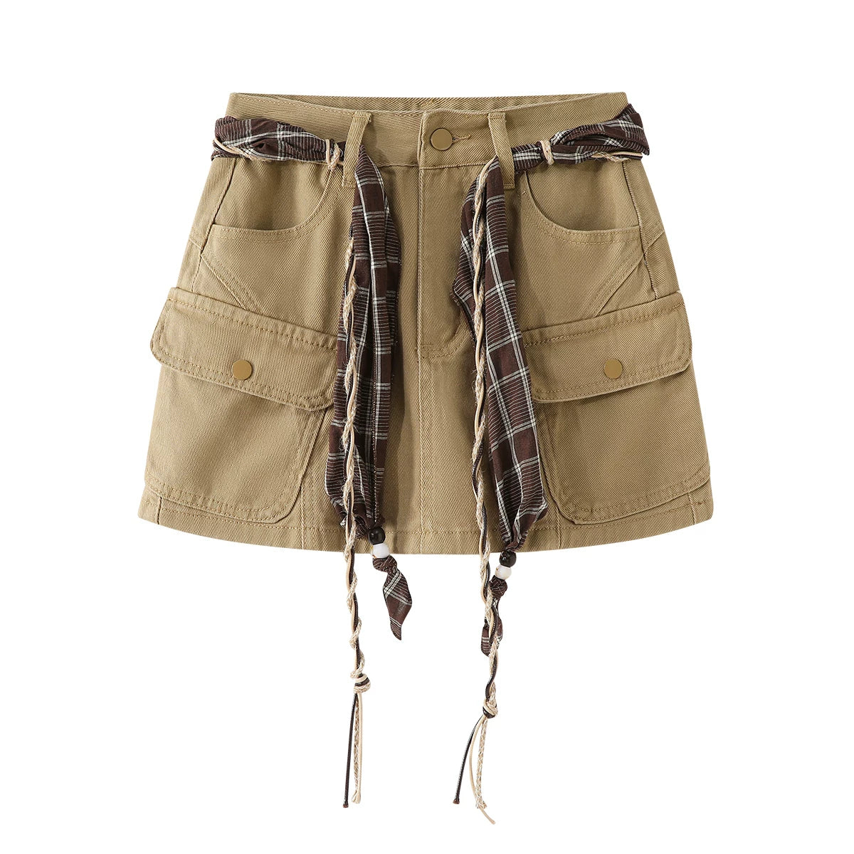 Chorissa Amerika üslubunda qadınlar üçün denim yük ətəyi, 2026 yaz və payız yeni dəbi, xaki rəngli yüksək belli çoxfunksiyalı bədənə uyğun mini ətək