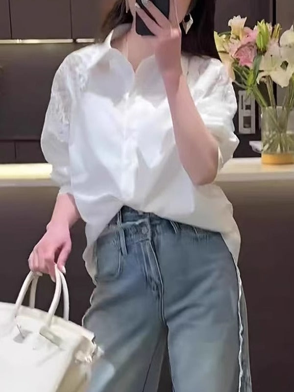 Qadınlar üçün Böyük Ölçülü Zərif Krujeva Nakışlı Uzunqol Ağ Köynək, 2026 Yeni Yaz Modeli, Boş Forma, Gündəlik Top