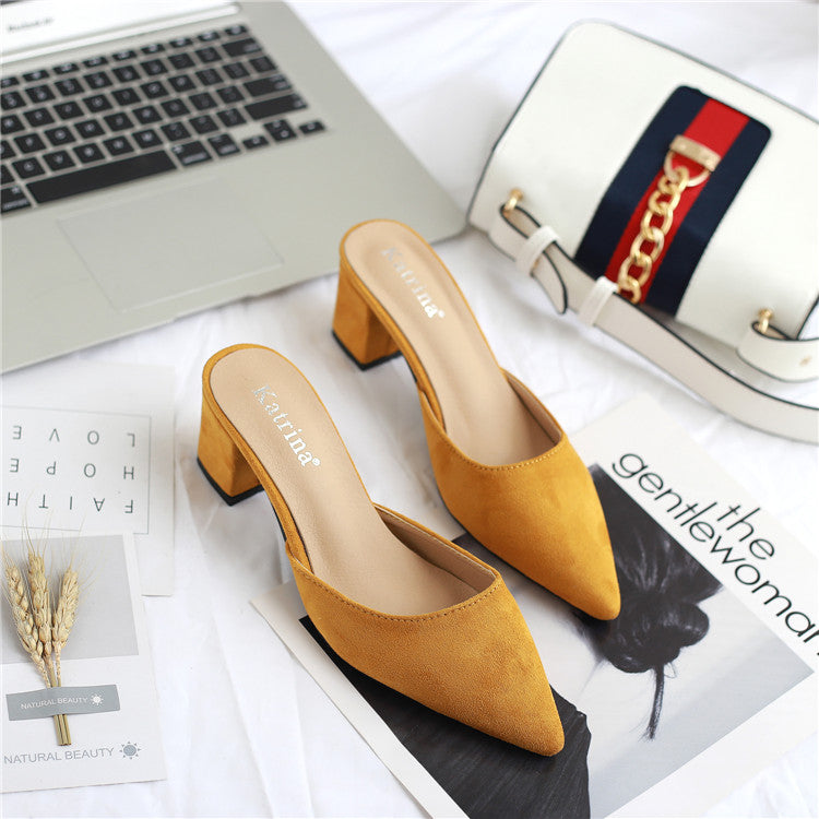 2025 Spring New Arrival Korean Style Pointed Toe Thick Heel Women's Half Mules, Fashionable and Multifunctional Fitting Room High Heel Slip-on Loafers