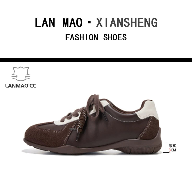 Super soft lambskin~ Maillard brown German sneakers for women, hidden wedge heel, 2025 fall new fashion, lace-up casual shoes.