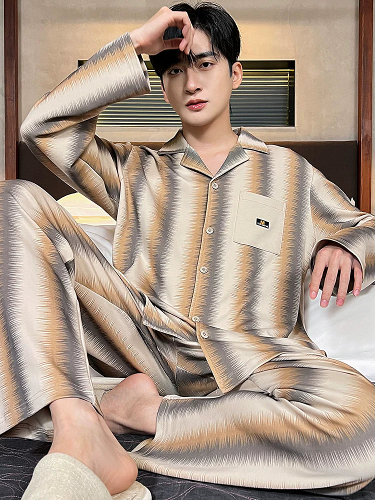 Langsha Kişilər üçün Təmiz Pambıq Pijama 2025 Yeni Yaz və Payız Nazik Uzunqollu Böyük Ölçülü Payız və Qış Kişilər üçün Ev Geyimləri Dəsti