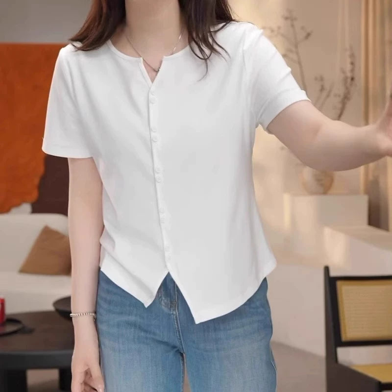 Böyük ölçülü, təmiz pambıq dizaynlı, qadınlar üçün qısaqol köynək, yay, arıqlama üçün, geniş, dəbli və gənclik üçün.