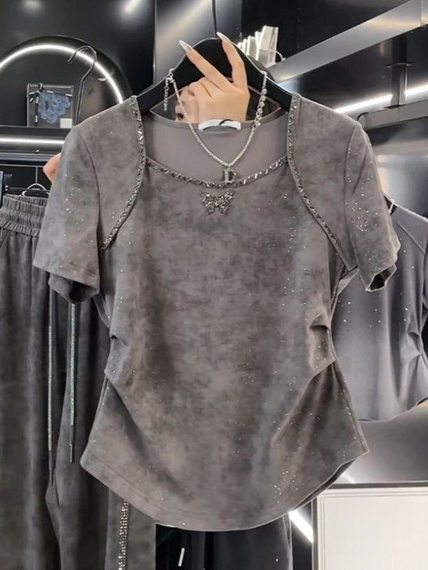 Qadınlar üçün Amerika retro tay-boya qısaqol futbolka, böyük ölçü, 2026-cı ilin yayı, bədən quruluşuna uyğun, qarın nahiyəsini gizlədən, qeyri-bərabər top.