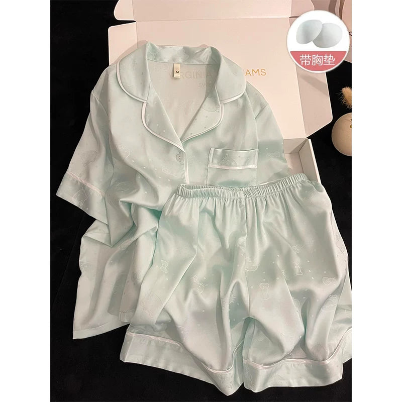 Qadınlar üçün 2026 Yeni Buz İpək Pijama Yay Yeni İnternet Məşhur Qısaqol Döş Yastığı dəsti ilə Şirin Koreya Stil Ev Geyimi