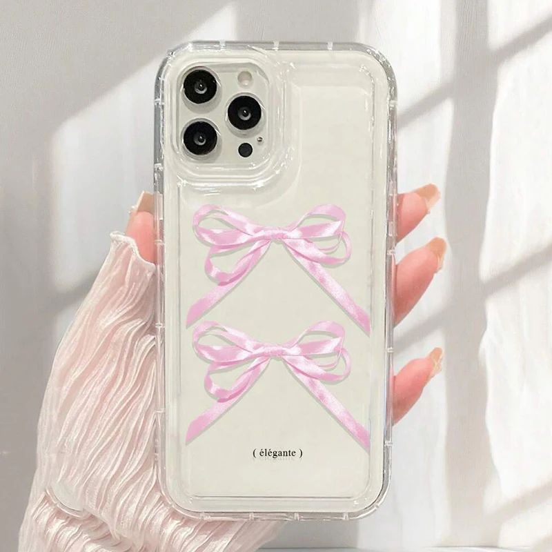 Korean Cute Pink Bowknot Transparent Phone Case for iPhone 15