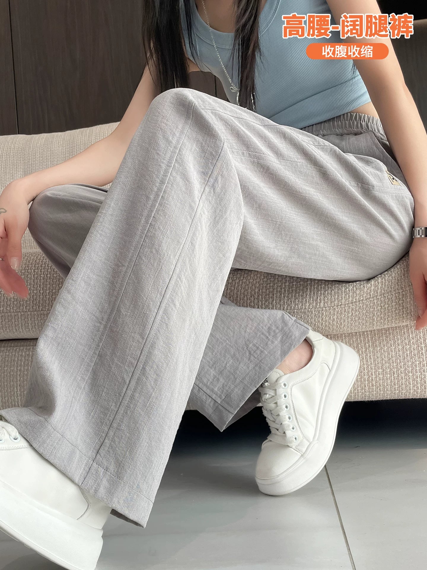Buz ipək denim pambıq və kətan geniş pambıq şalvar yay nazik 2026 yeni kətan yüksək bel düz örtüklü təsadüfi şalvar