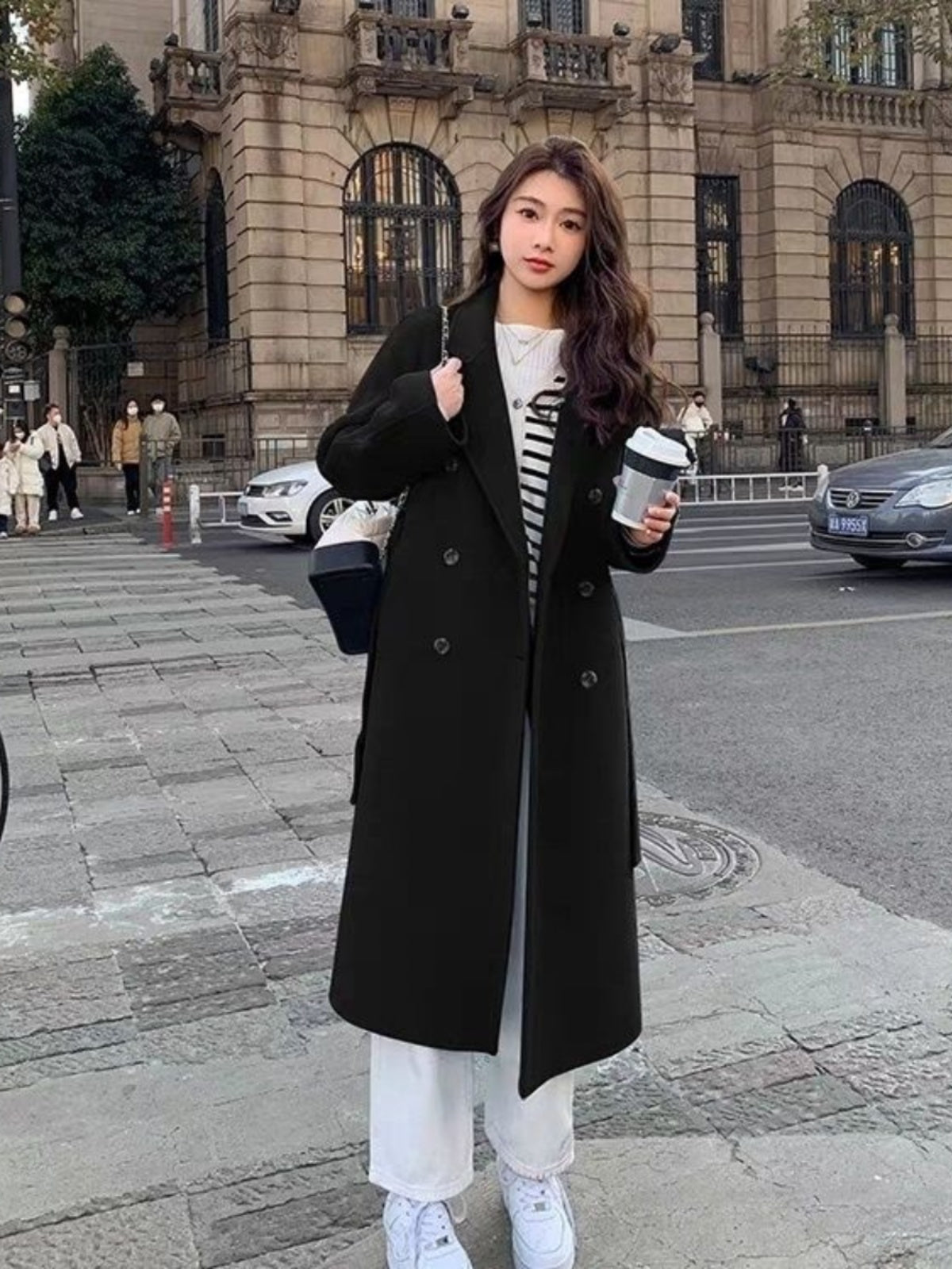 Qara yun palto, Koreya üslubunda, arıqladıcı, kiçik, zərif, orta uzunluqlu, yüksək səviyyəli, unikal, qadınlar üçün qalın blazer gödəkçə.