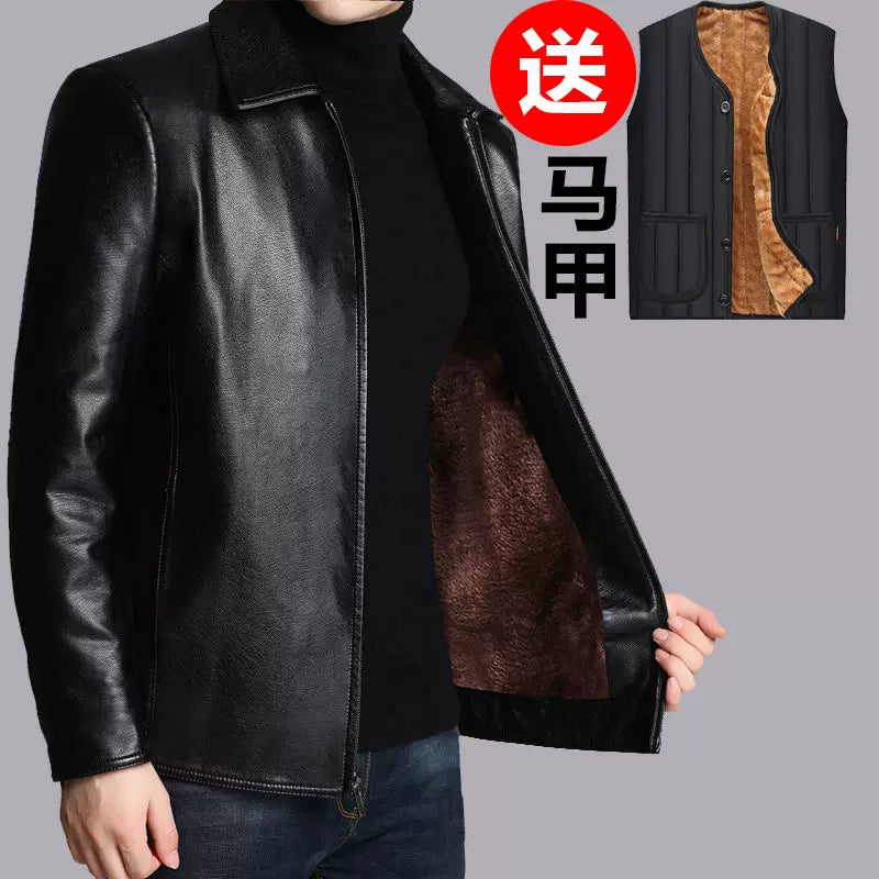 2024 Payız/Qış Yeni Kişilər üçün Yaxalıqlı İşgüzar Gündəlik PU Dəri Gödəkçə, Yun Astarlı və Qalınlaşdırılmış Motosiklet Gödəkçəsi